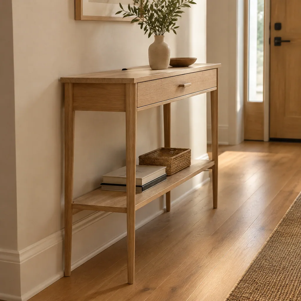 Oak console in a sunlit hallway with a frameless door open to the garden